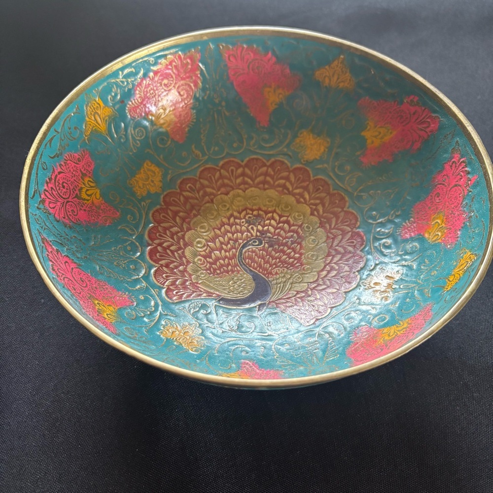Vintage Brass Hand painted Peacock Design Decorative Bowl